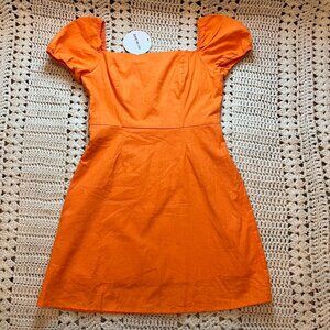 SHEIN Orange 100% Cotton Linen Square Neck Puff Cap Sleeve Mini Dress Size Sm 4